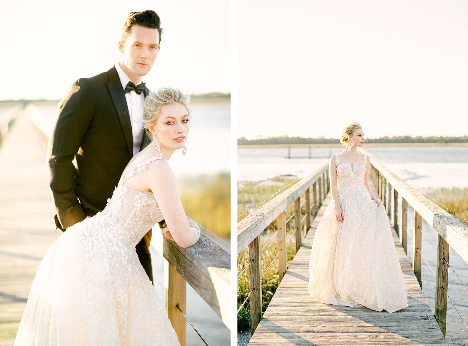 Bride in white dress and groom standing on on wooden dock on river at Charleston Wedding