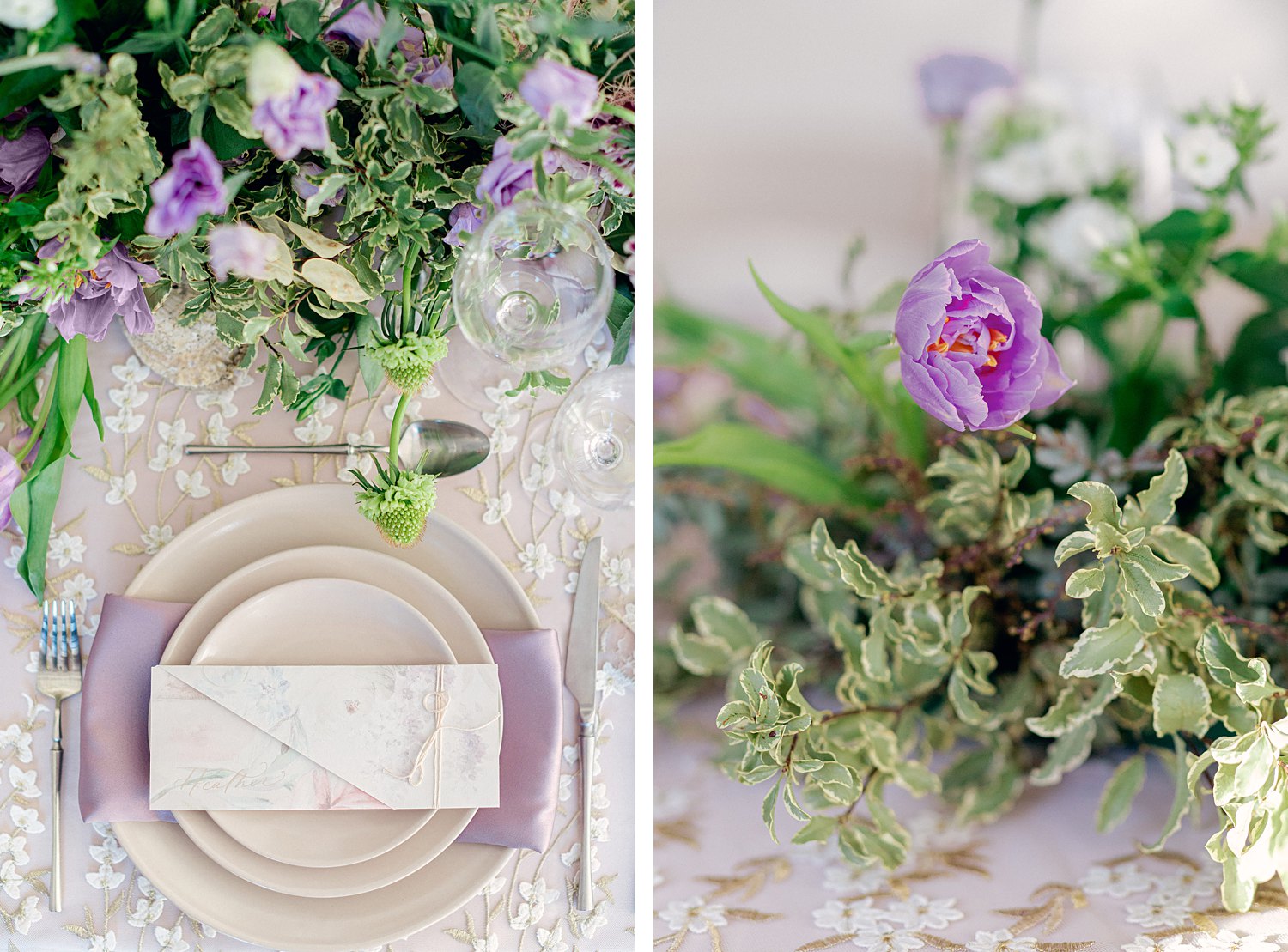 Reception table plate with purple florals in patio room at Lowndes Grove Charleston Wedding