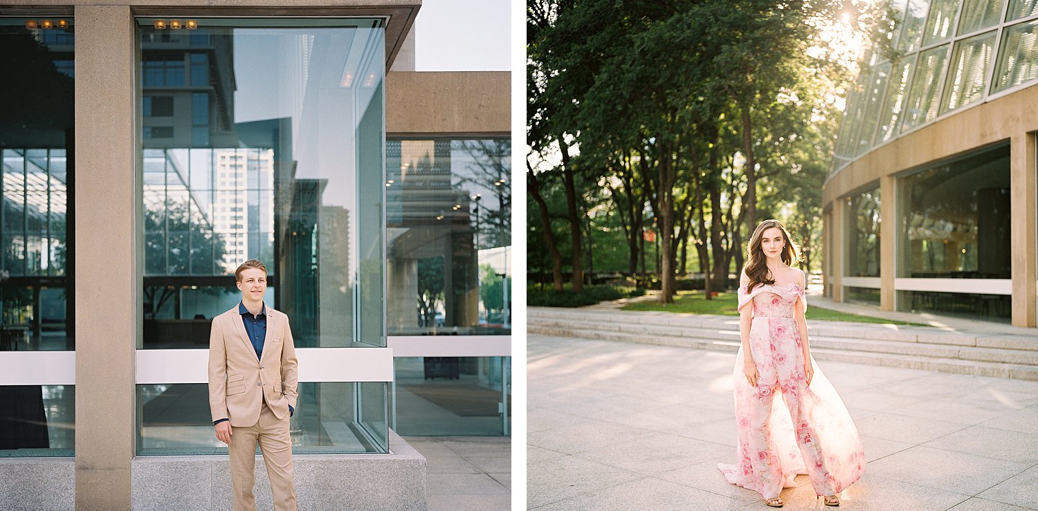 Woman in Pink floral gown and man with tan suit and blue shirt dallas engagement