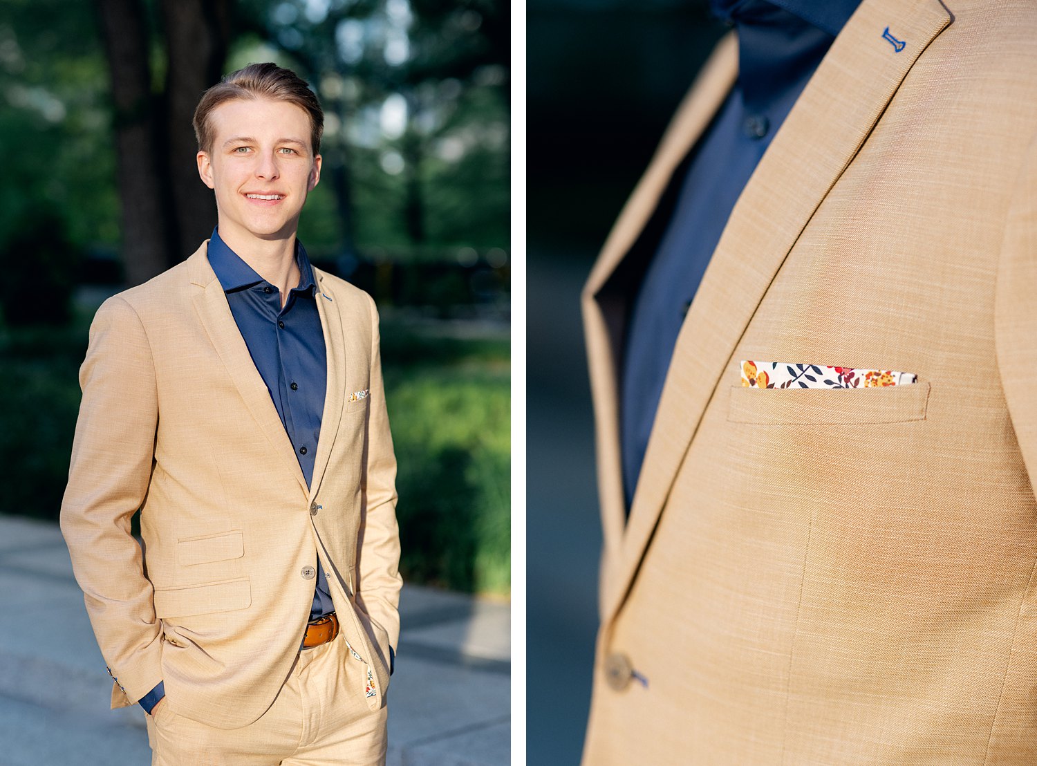 Man in tan suit and blue shirt with floral pocket square portrait
