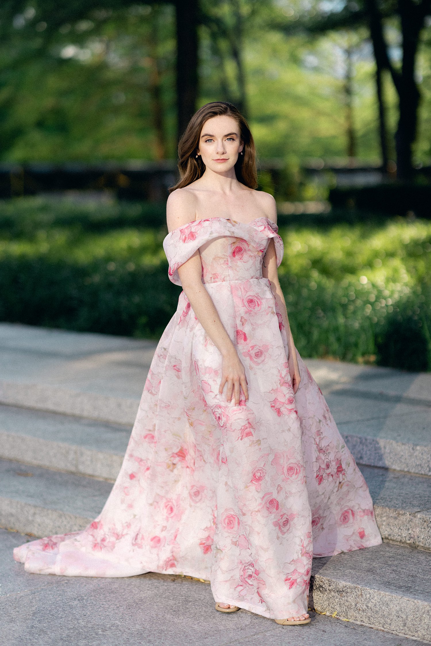 woman in Pink floral gown portrait