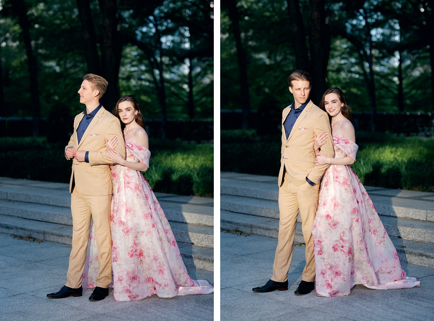 smiling woman in Pink floral gown hugging with man in tan suite and blue shirt dallas engagement