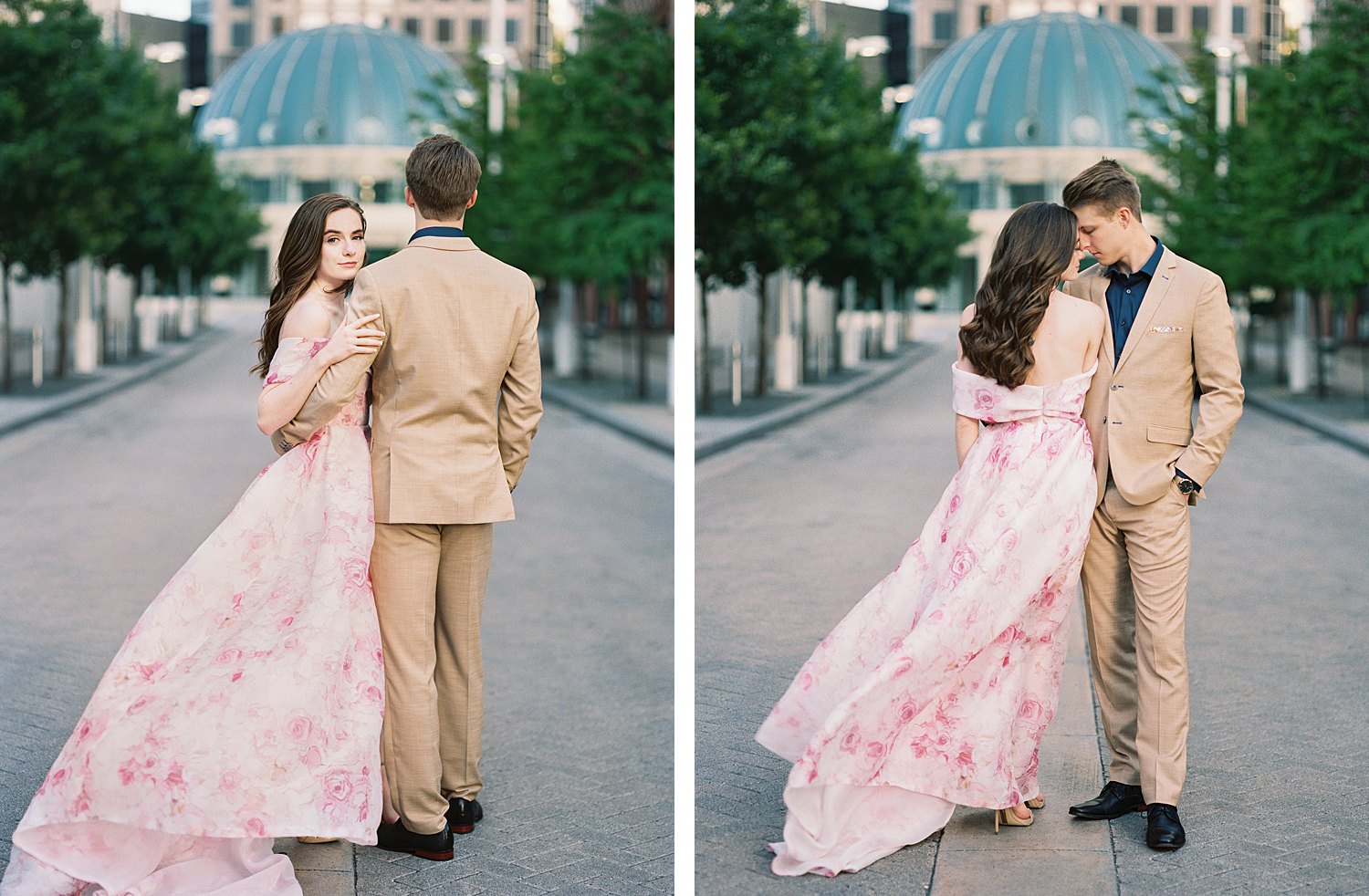 woman in Pink floral gown holding with man in tan suite downtown Dallas street