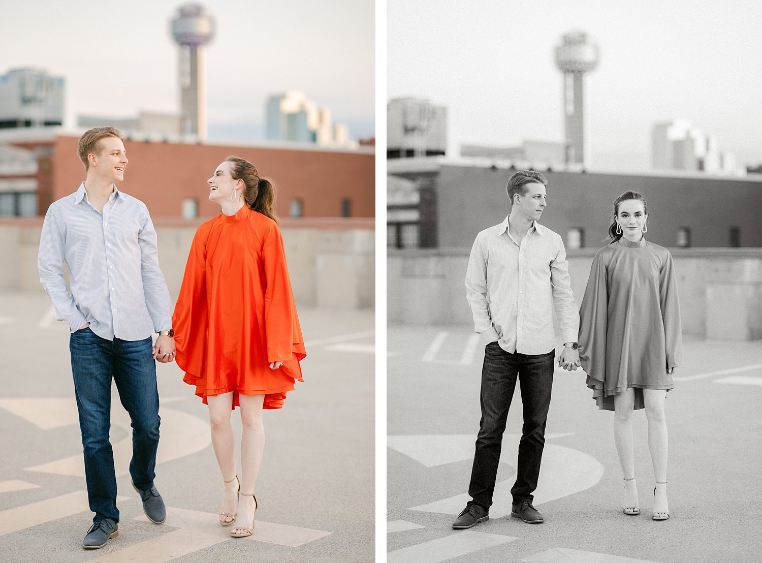 laughing woman in orange dress and pony tail walking with man downtown Dallas engagement session