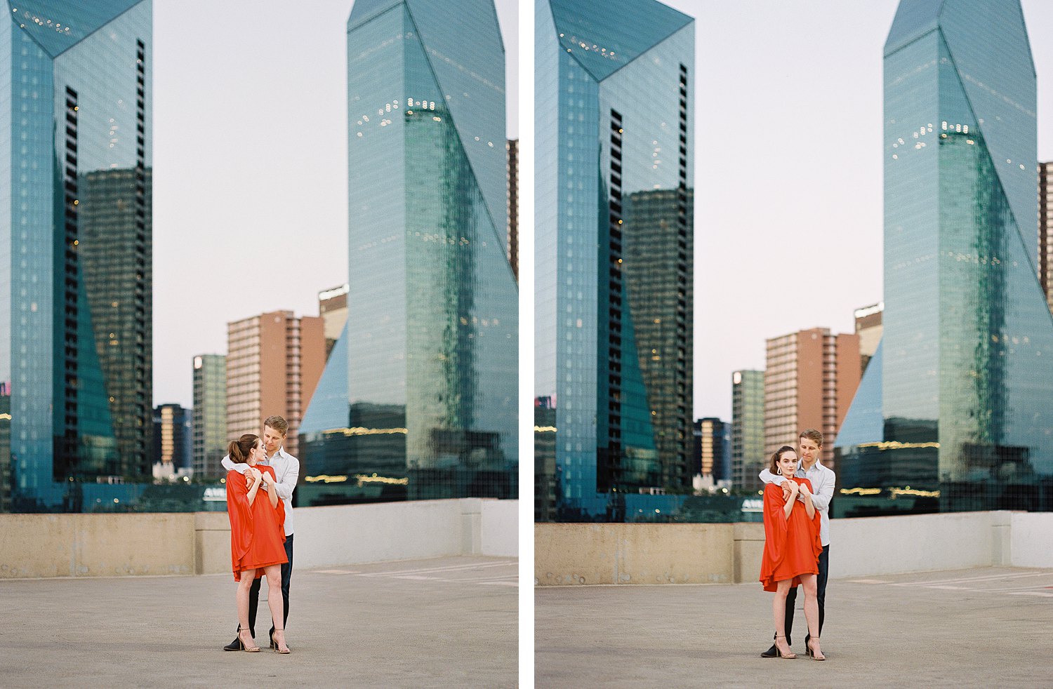 woman in orange dress and pony tail embraced by man on downtown Dallas rooftop engagement