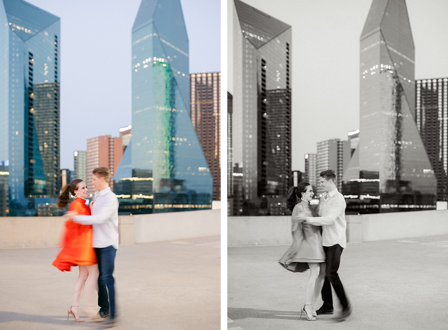 woman in orange dress and pony tail dancing with man on downtown Dallas rooftop engagement session
