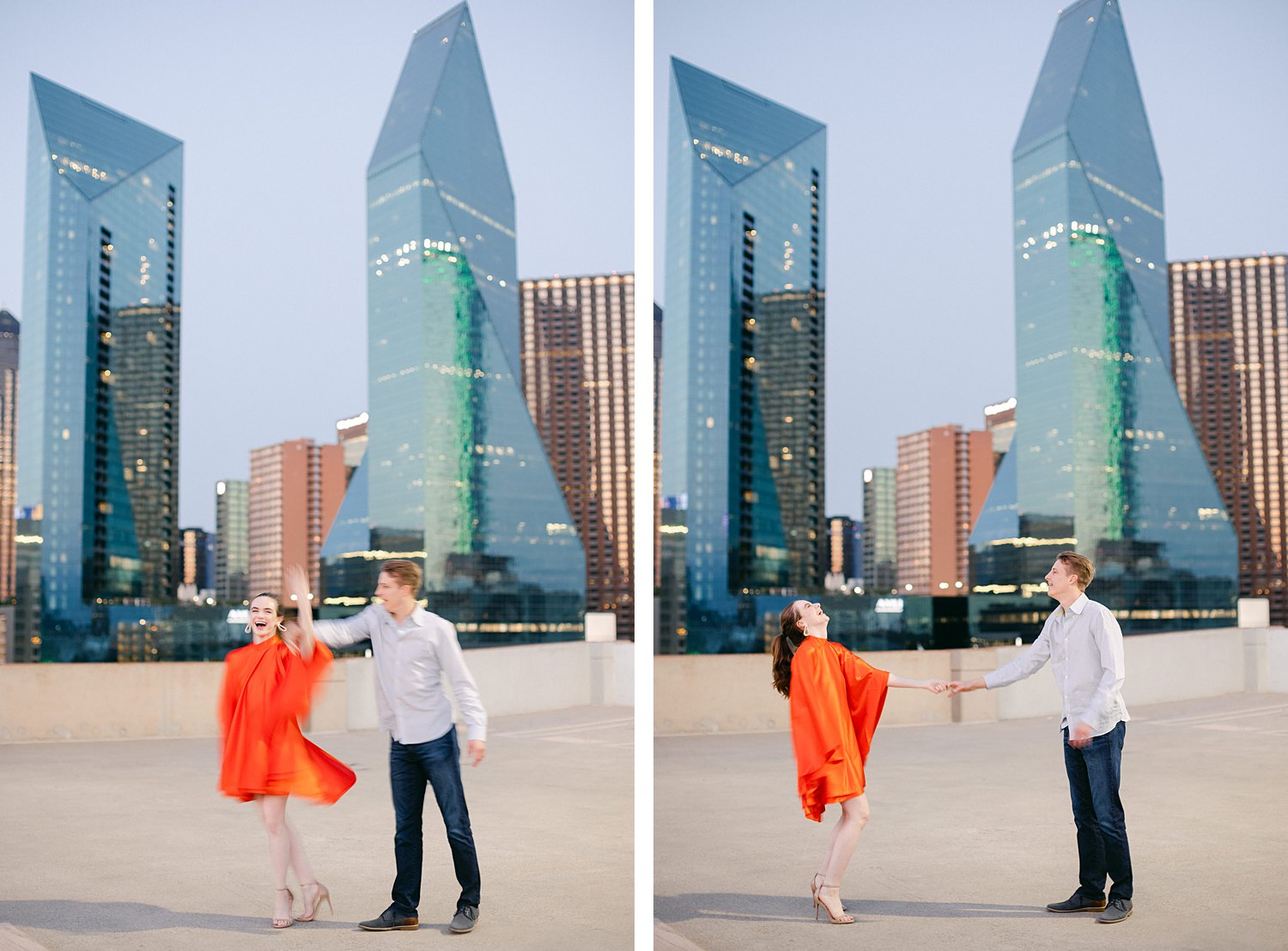 woman in orange dress and pony tail twirling with man on downtown Dallas rooftop engagement