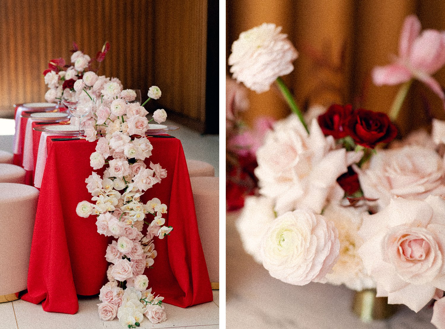 pink and red table floral centerpiece with white plate flower cascade at Virgin Hotel Dallas