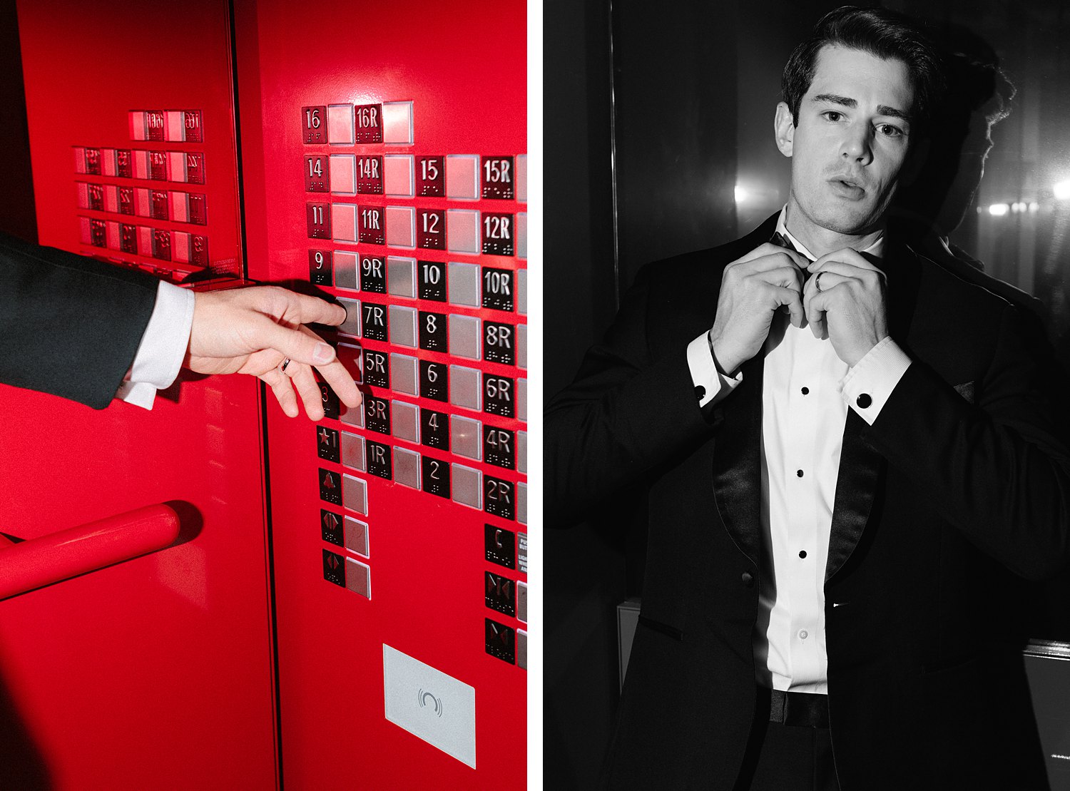 Man in black tuxedo and adjusting bowtie red elevator