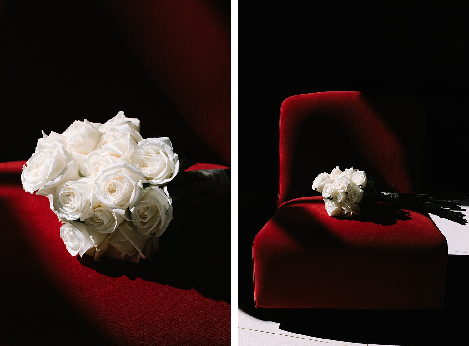 white floral bouquet sitting on red chair