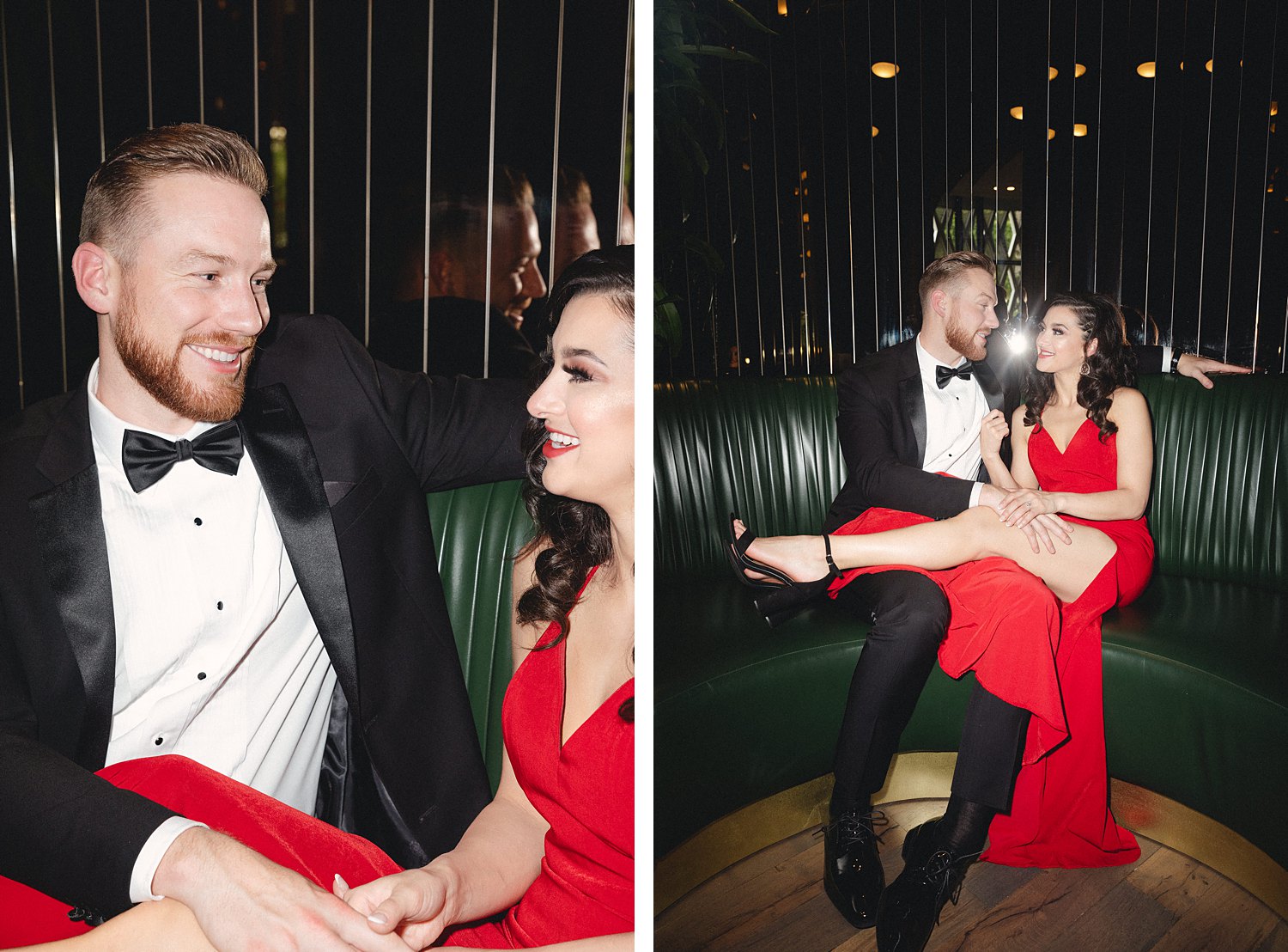 Woman in red Dress and man in black tuxedo sitting together in green booth at Virgin Hotel Dallas Engagement laughing