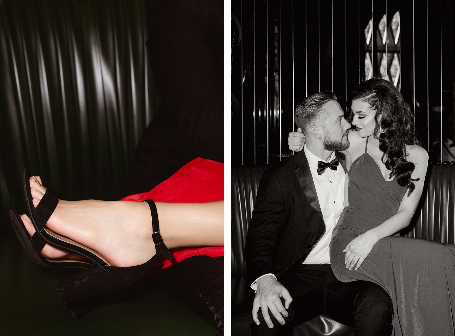 Woman in red Dress and man in black tuxedo sitting together in green booth black high heels