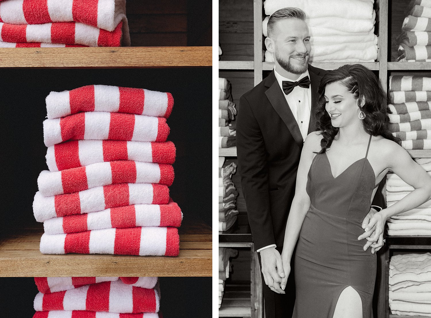 Woman in Dress standing with man in black tuxedo pool side red and white striped towels