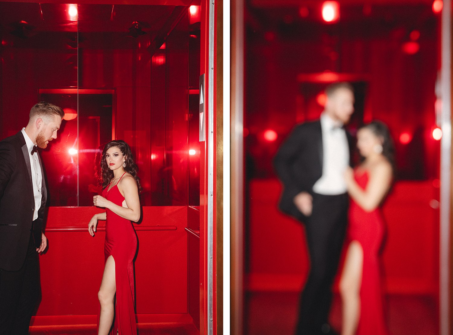 Woman in Red Dress standing with man in elevator