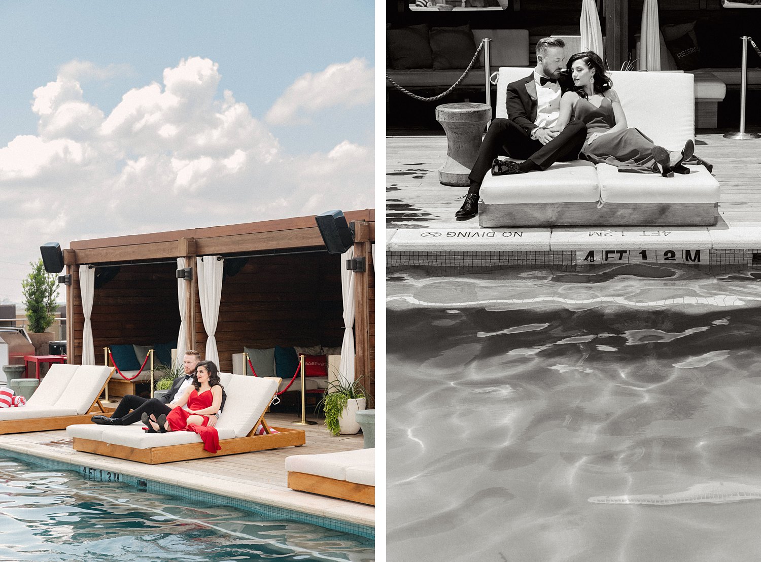 Woman in Dress sitting with man in black tuxedo on white pooldeck sofa at Virgin Dallas Hotel