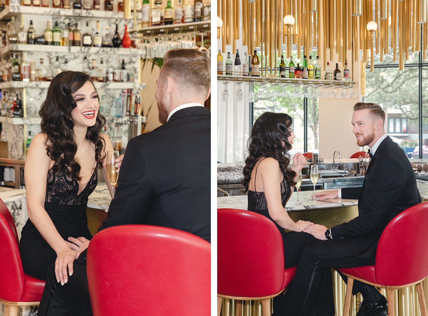 Woman in black dress and man in tuxedo toasting at bar at Virgin Hotel Dallas engagement