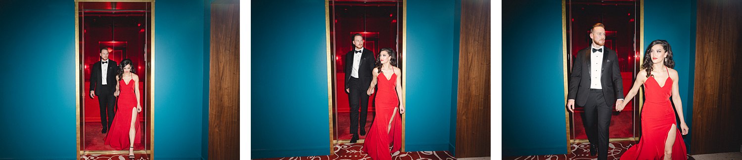 Woman in Dress and man in black tuxedo walking together out of Virgin Hotel red elevator Engagement