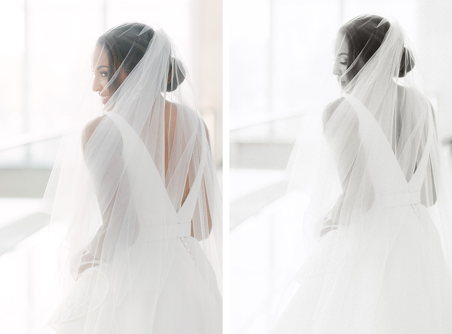 Bride in white wedding dress and long veil