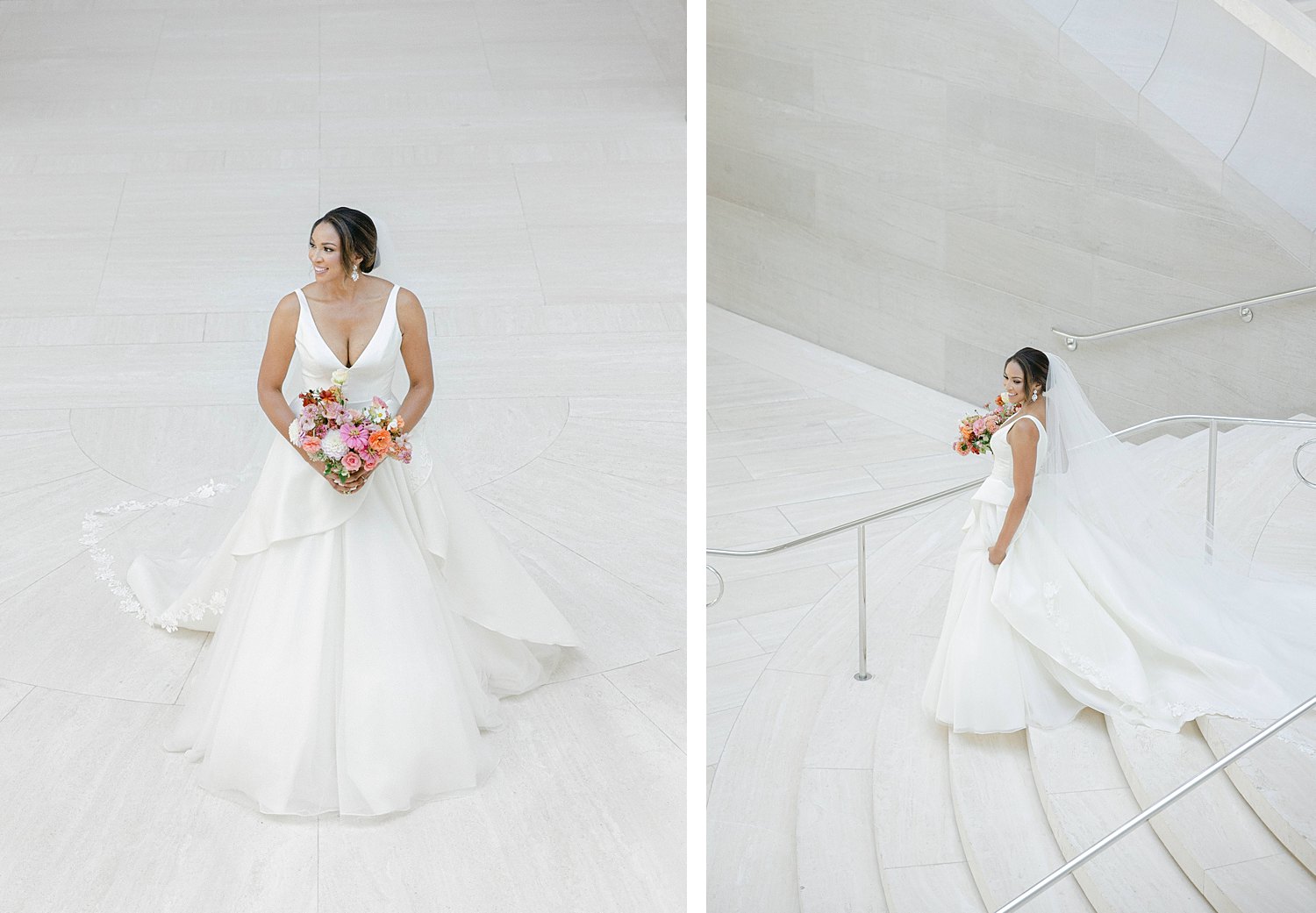Bride in white wedding dress holding bouquet and walking down stairs