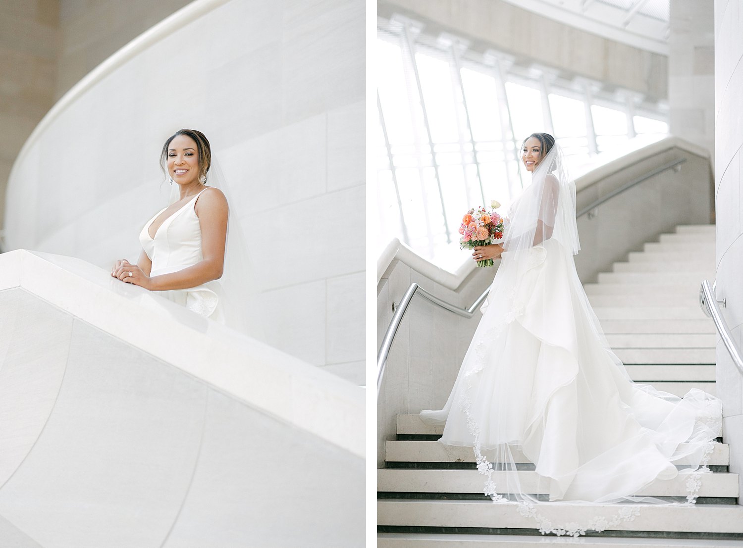 Bride in white wedding dress holding bouquet and standing on stair case