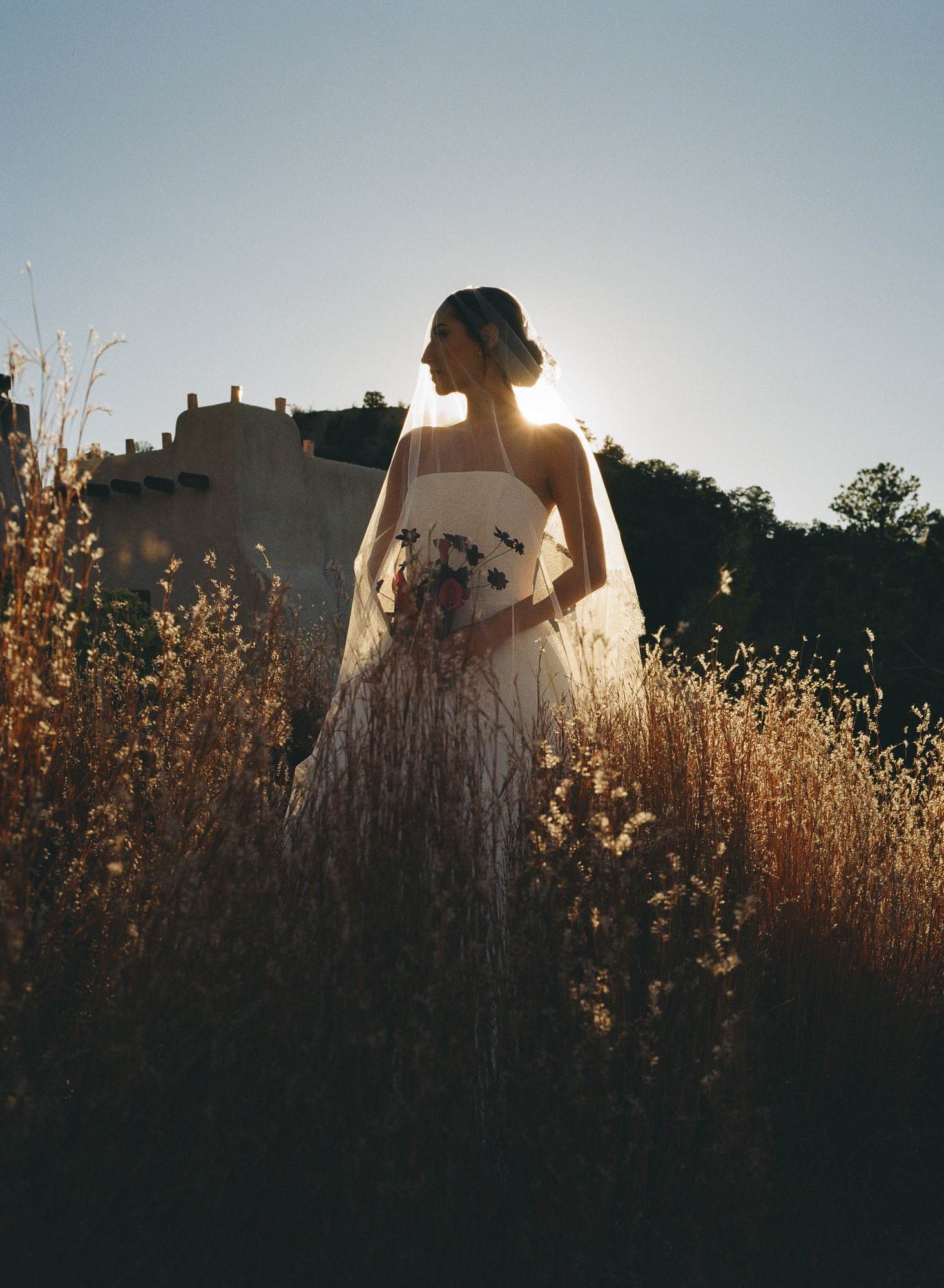 Bride standing in golden grass at sunset